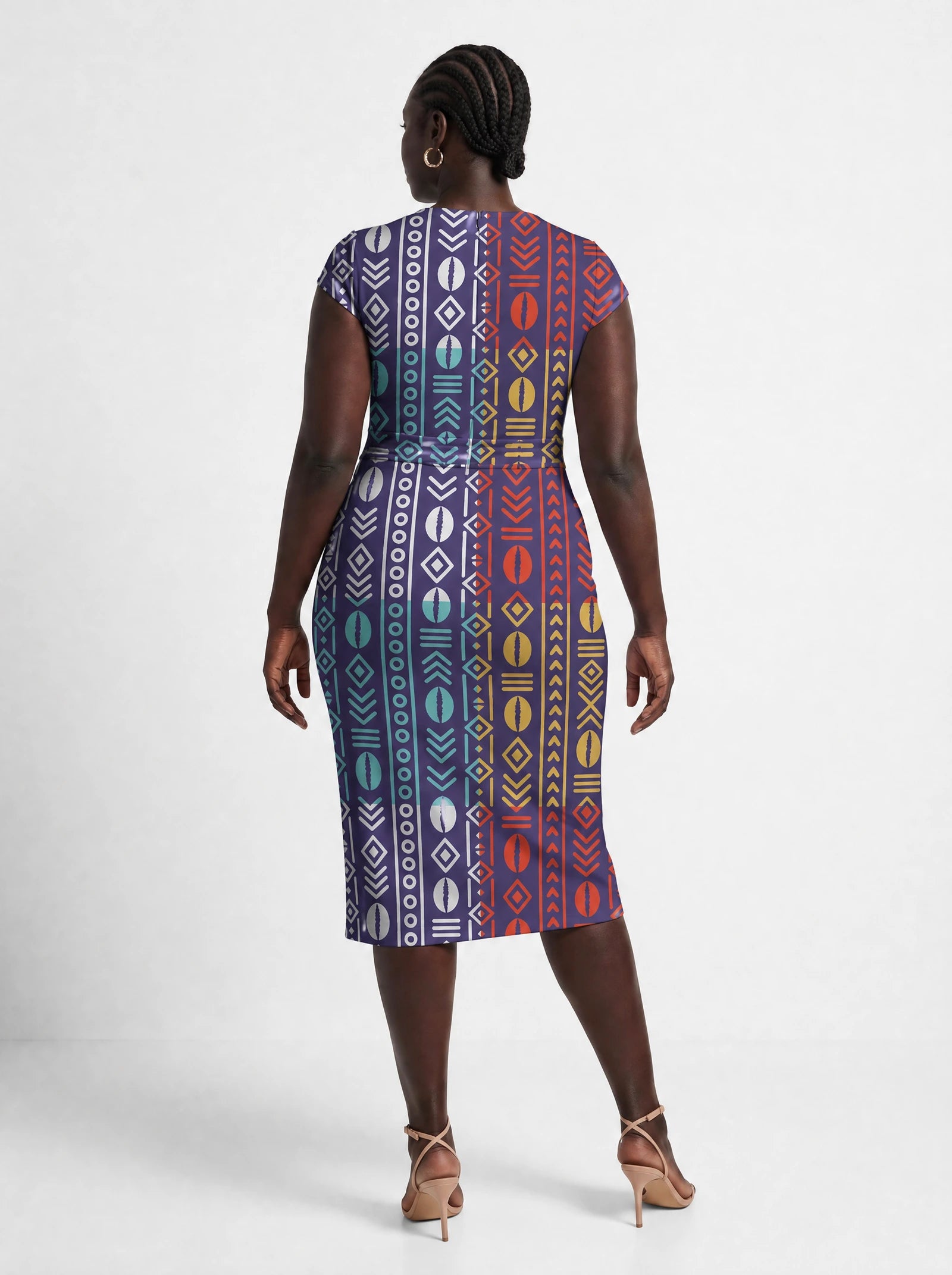 "Oshun Zamani" Cap Sleeve Midi Dress — back view on model