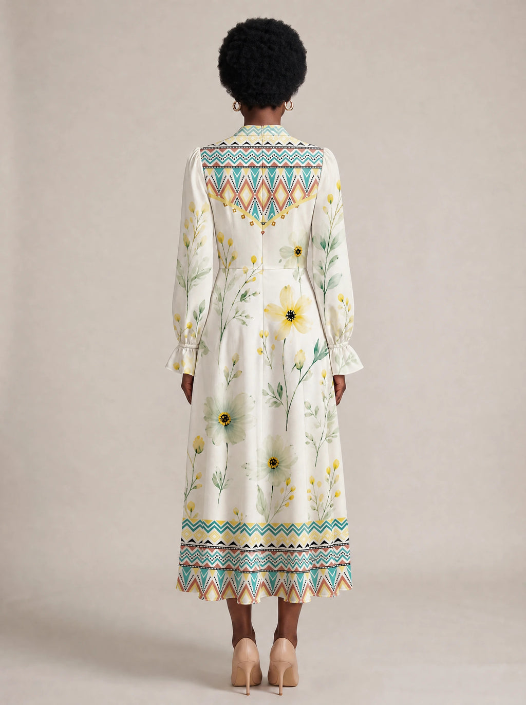 "Alizeti" Long Puff Sleeve Dress — back view on model