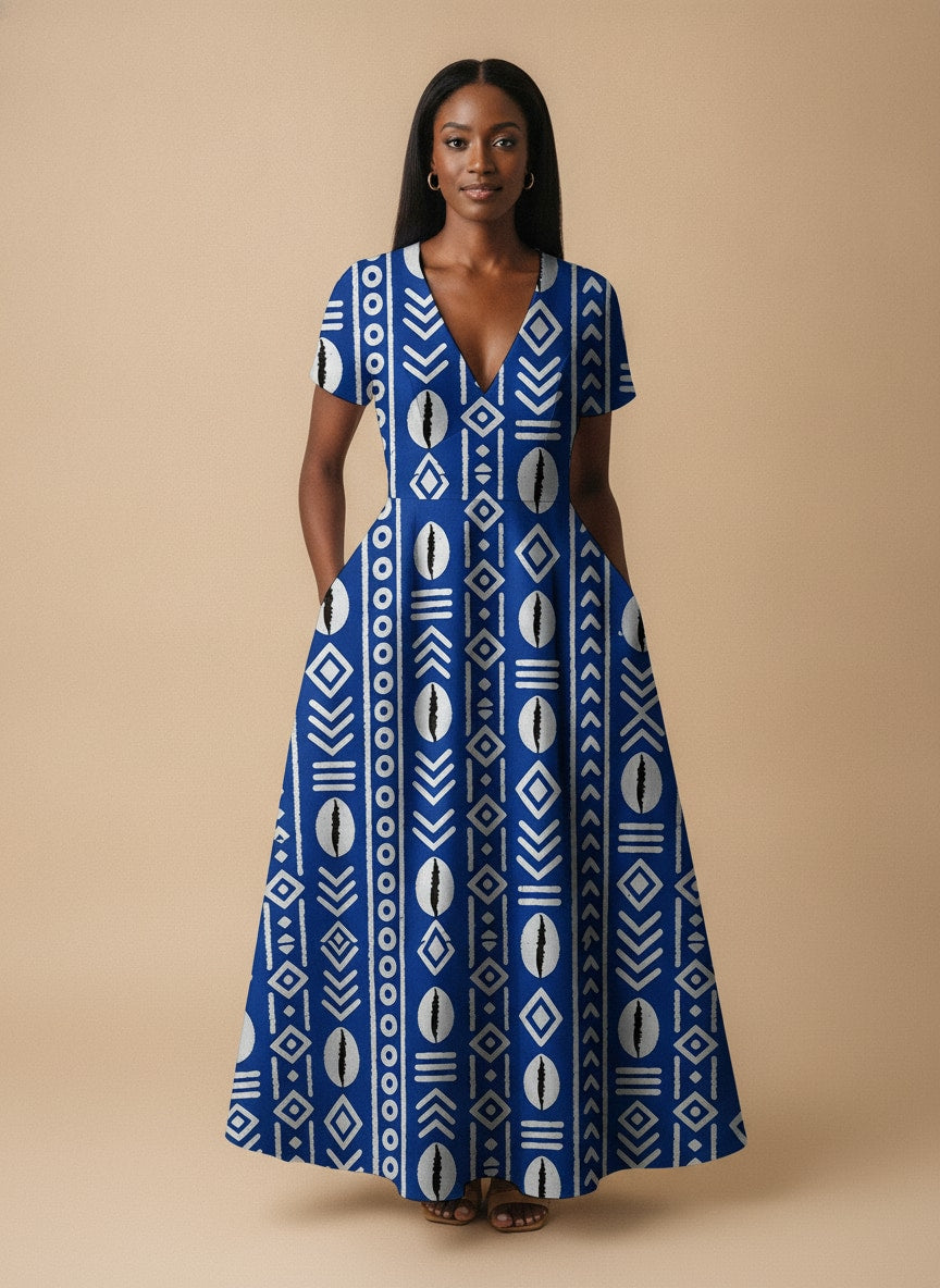 "Oshun" Royal Blue Short Sleeve Maxi Dress