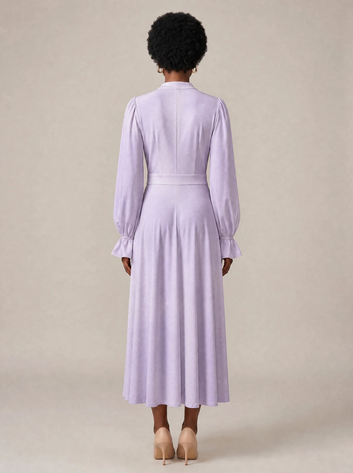 "Zambarau" Long Puff Sleeve Maxi Dress — back view on model