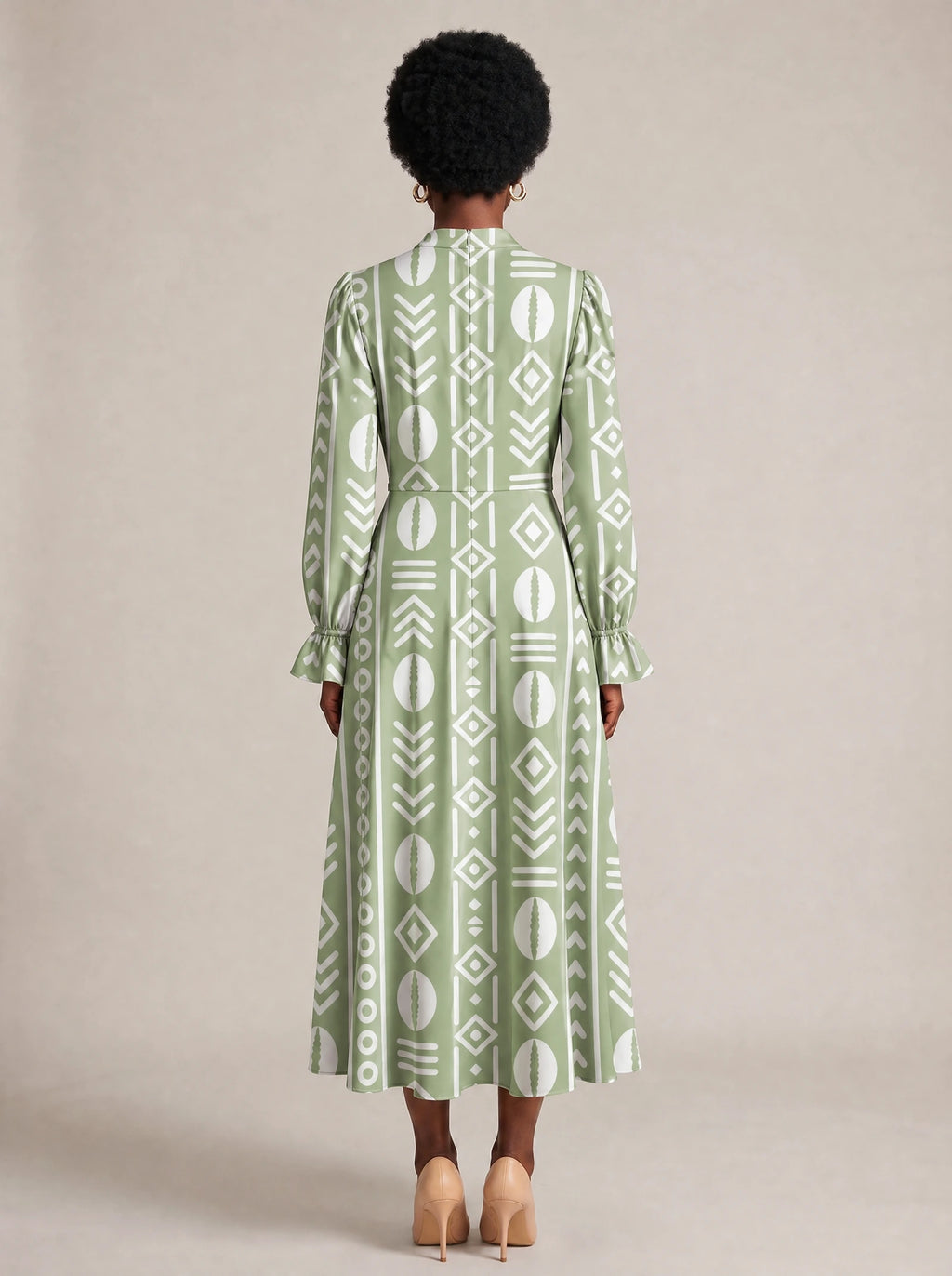 "Oshun Verde" Long Puff Sleeve Dress — back view on model