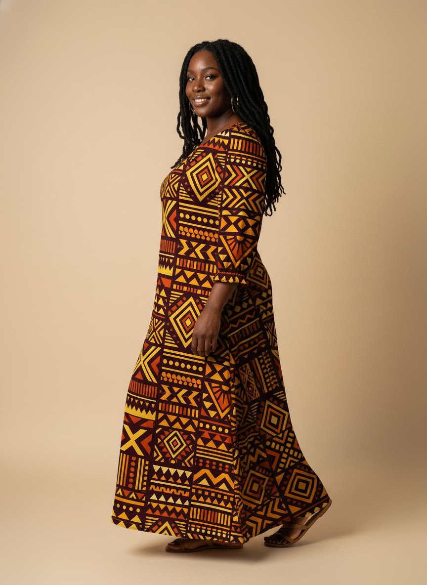 Mudcloth Long Sleeve Maxi Dress