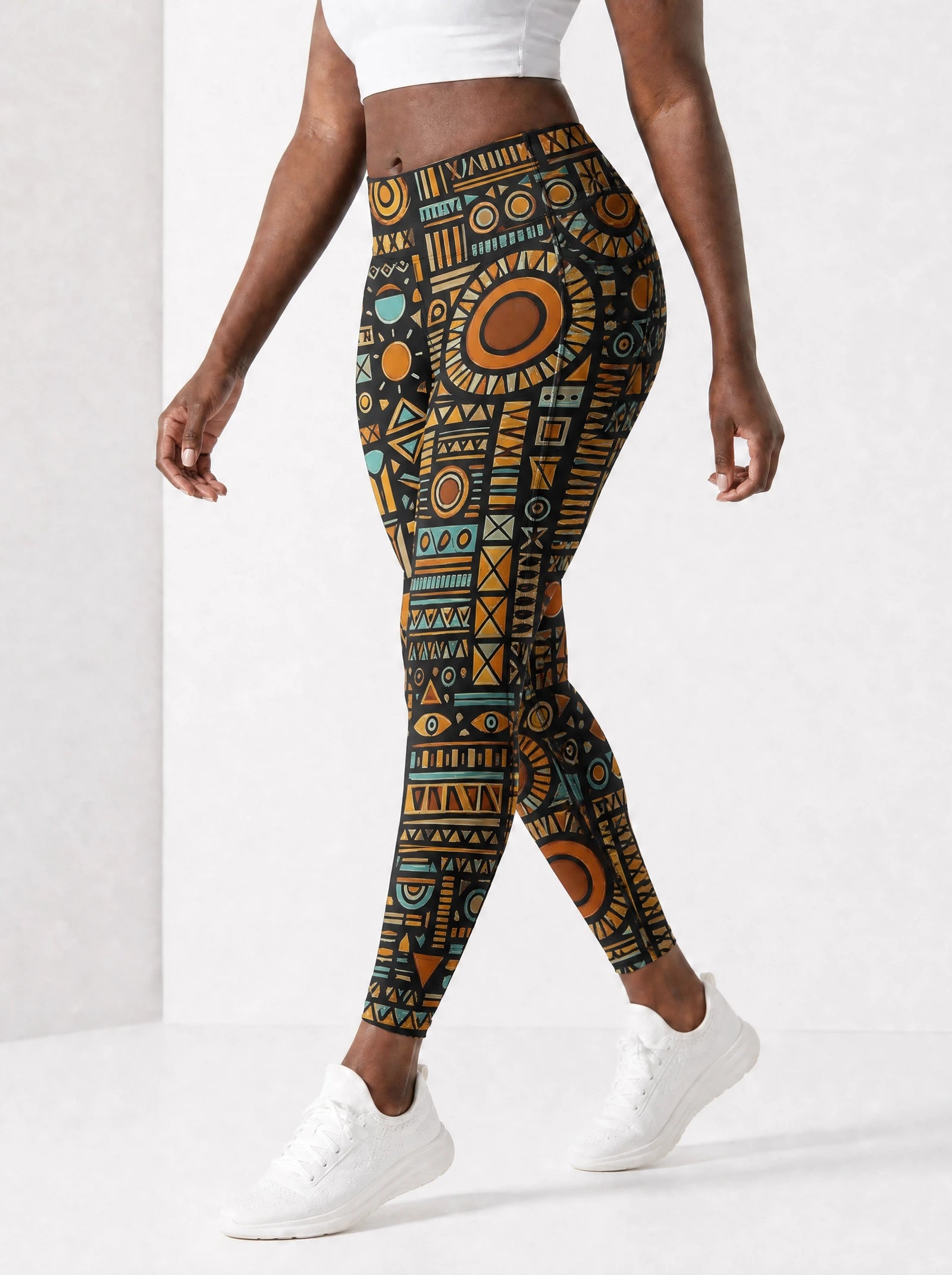 Afrocentric Pattern Leggings — side view on model