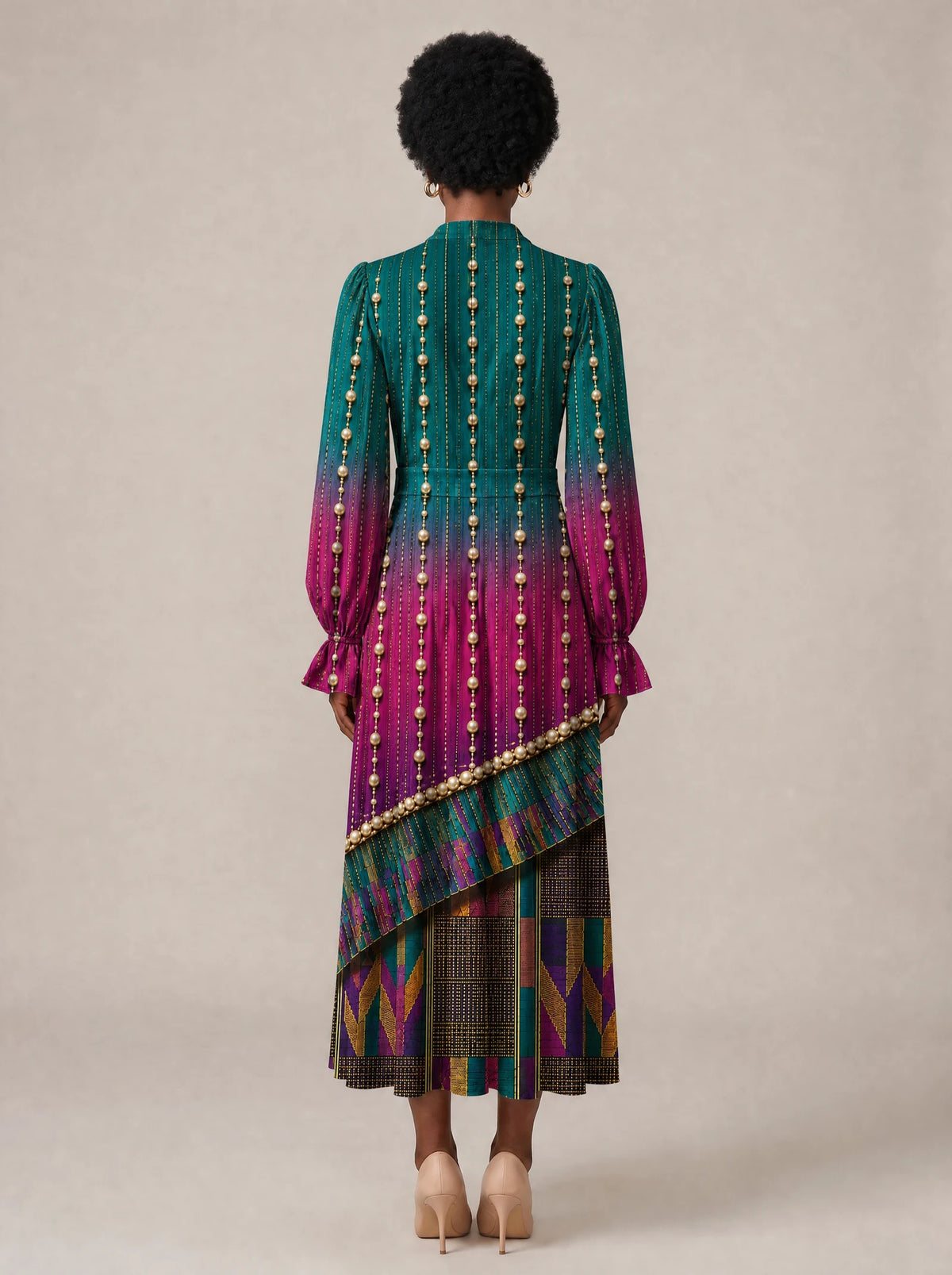 "Lulu" Long Puff Sleeve Dress — back view on model