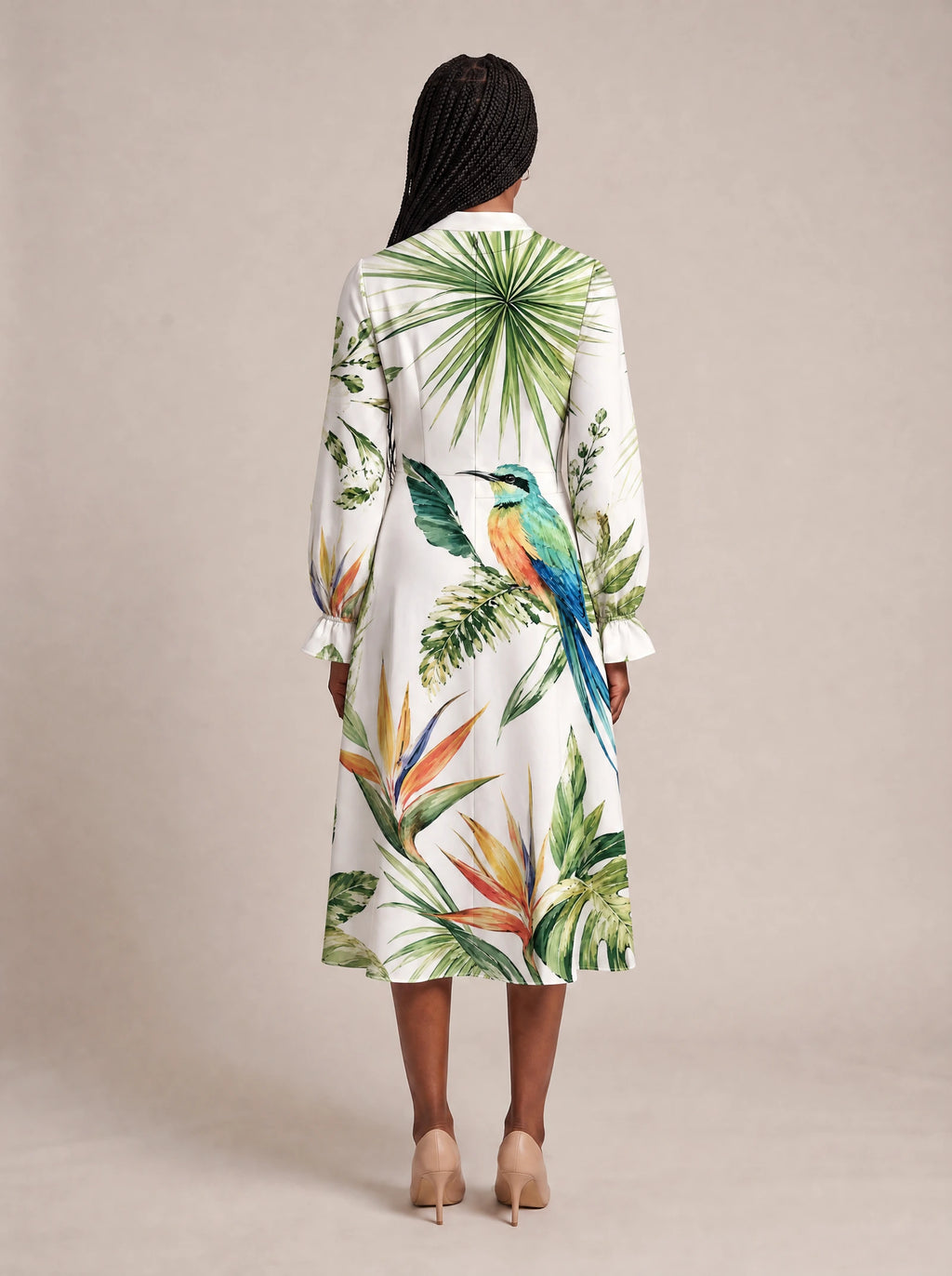 "Ndege" Long Puff Sleeve Dress — back view on model