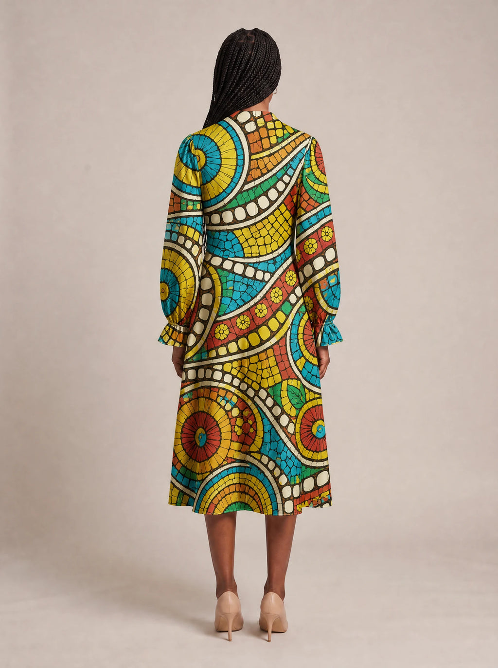 "Taji" Long Puff Sleeve Dress — back view on model