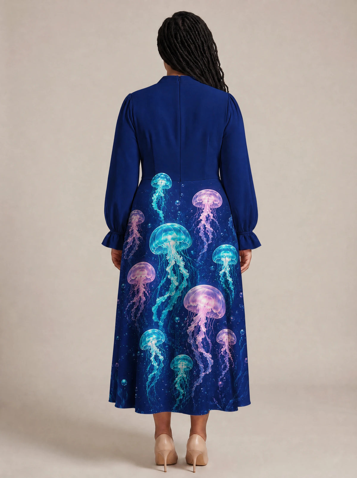 "Bahari" Long Puff Sleeve Dress — back view on model