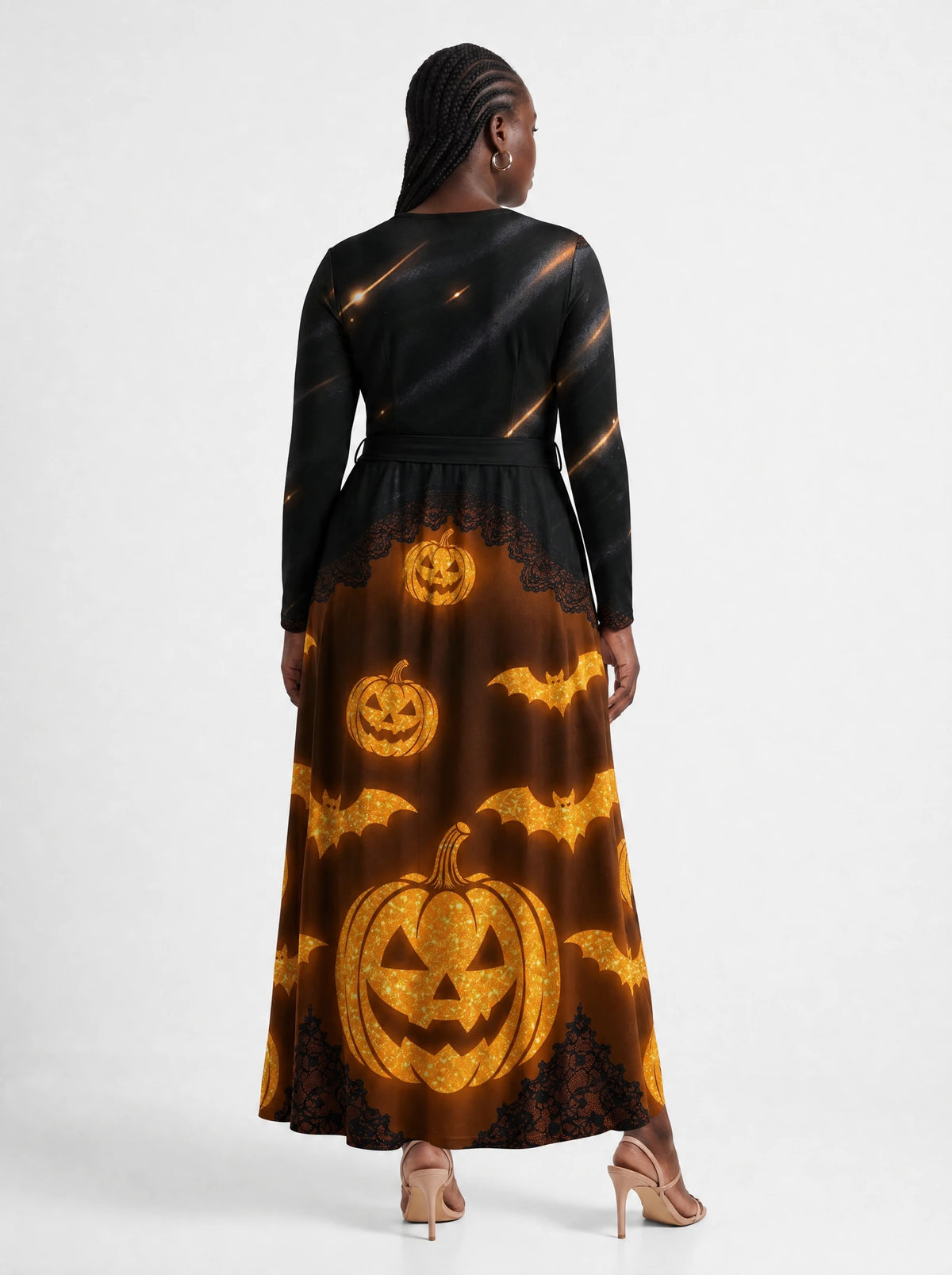 "Mwako" Halloween Long Sleeve Midaxi Dress — back view on model