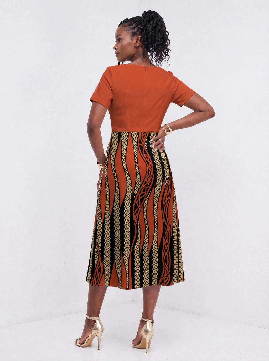 "Miali" Sweetheart Midi Dress — back view on model