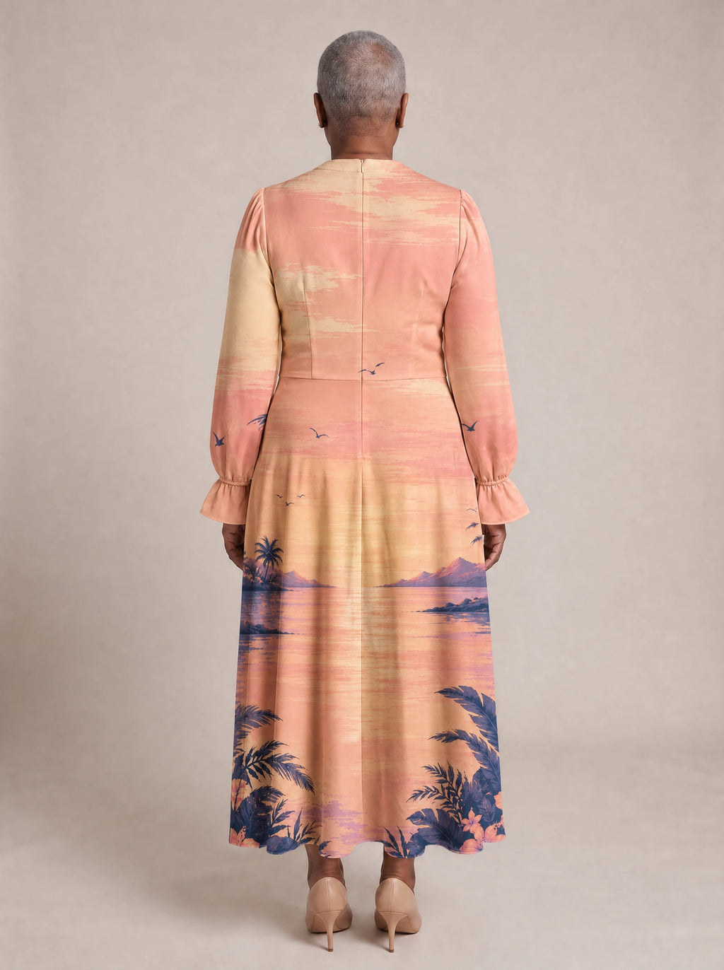 "Machweo" Long Puff Sleeve Dress — back view on model