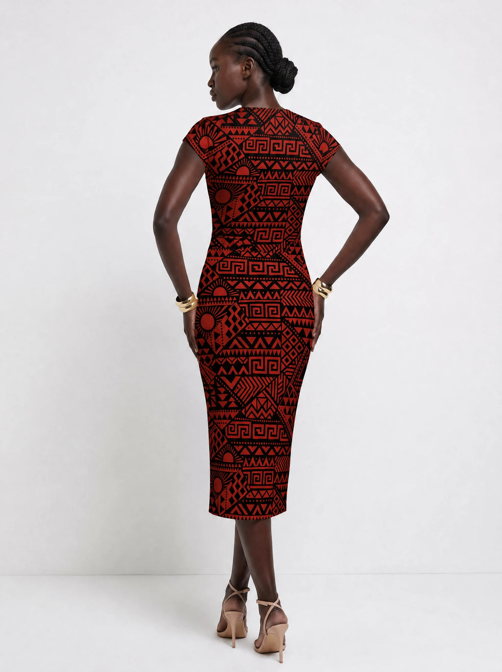 "Shaka Burgundy" Cap Sleeve Midi Dress — back view on model