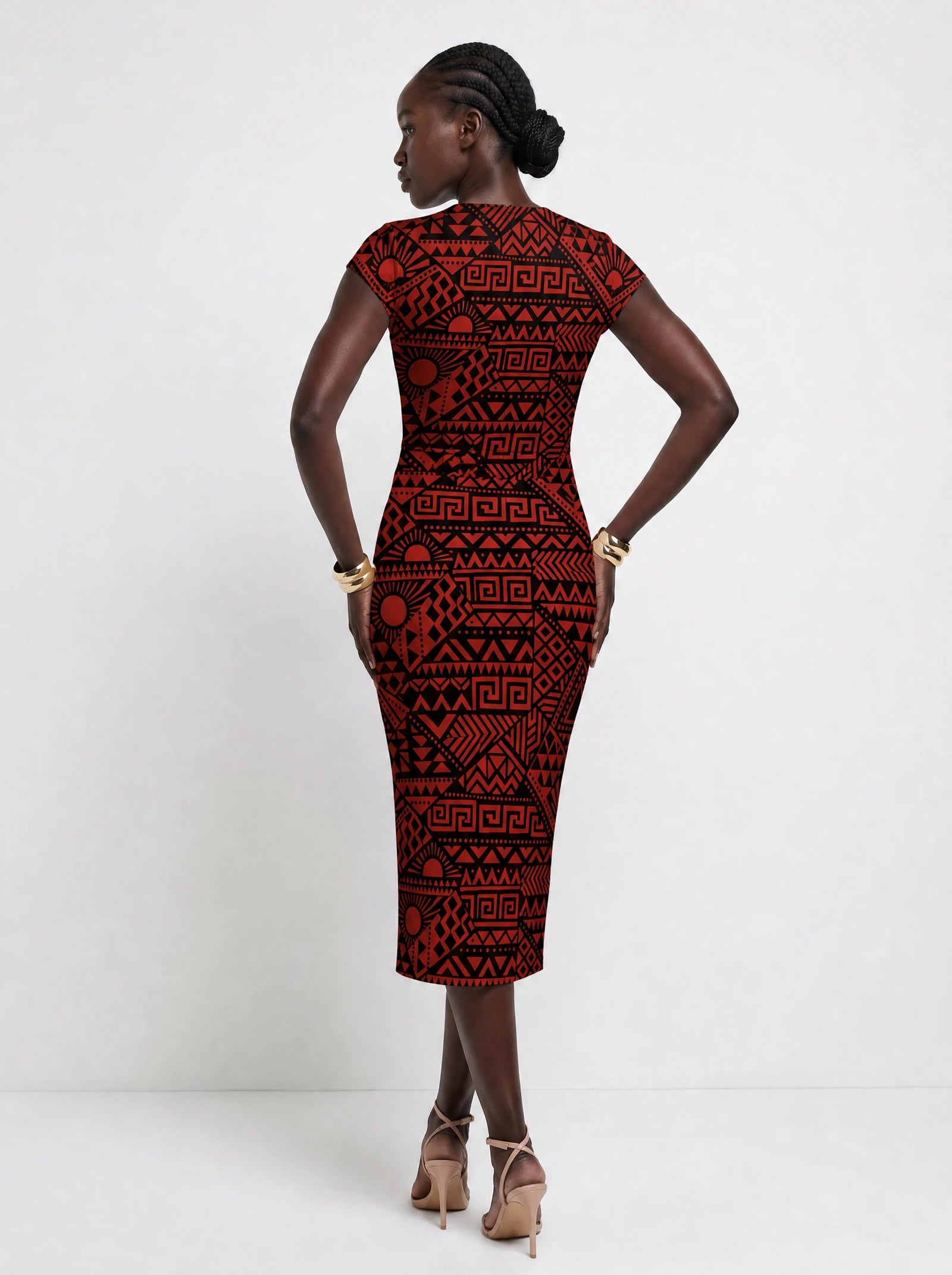"Shaka Burgundy" Cap Sleeve Midi Dress — back view on model