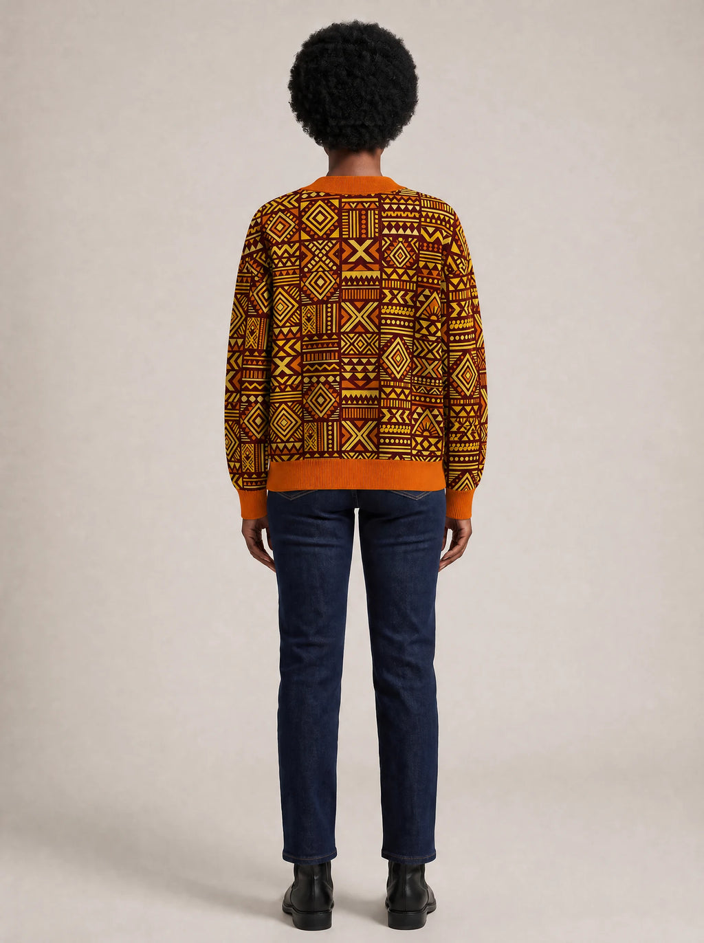 "Mudcloth" Cardigan — back view on model