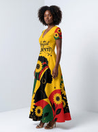 "August Queen Sunflower" Short Sleeve Maxi Dress