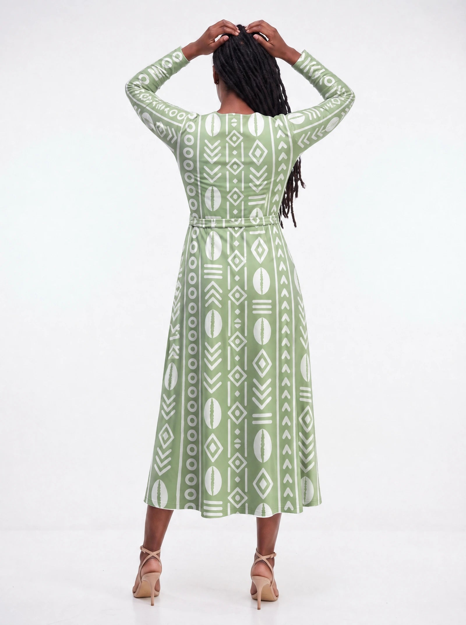 "Oshun Verde" Viscose Midi Dress — back view on model