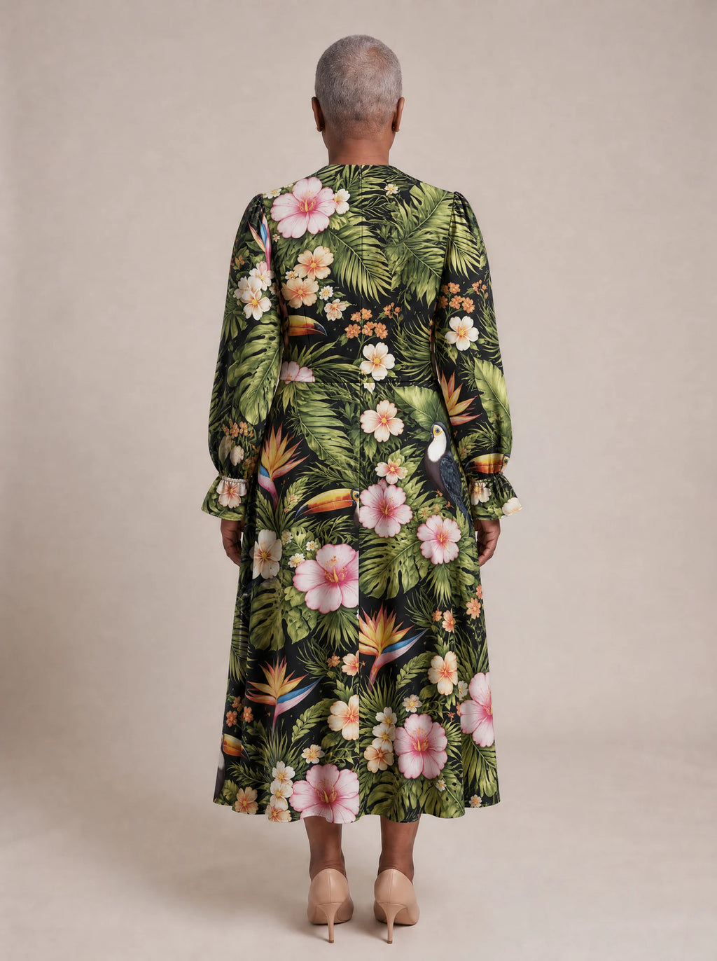 "Kasuku" Long Puff Sleeve Dress — back view on model