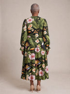 "Kasuku" Long Puff Sleeve Dress — back view on model