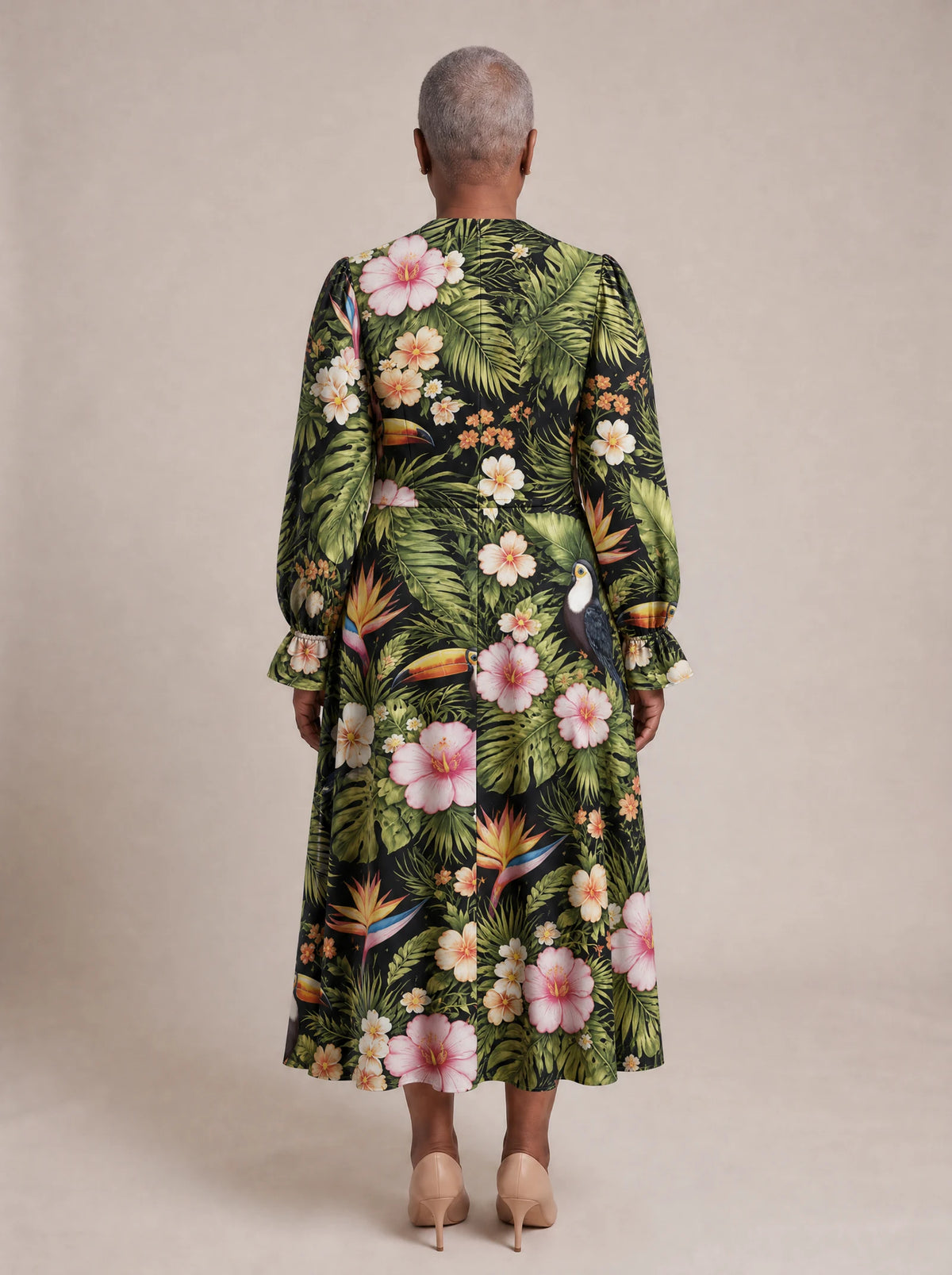 "Kasuku" Long Puff Sleeve Dress — back view on model