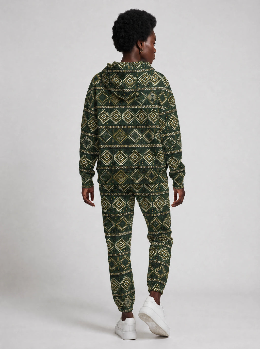 "Kilele" Forest Brass Hoodie & Jogger Set — back view on model