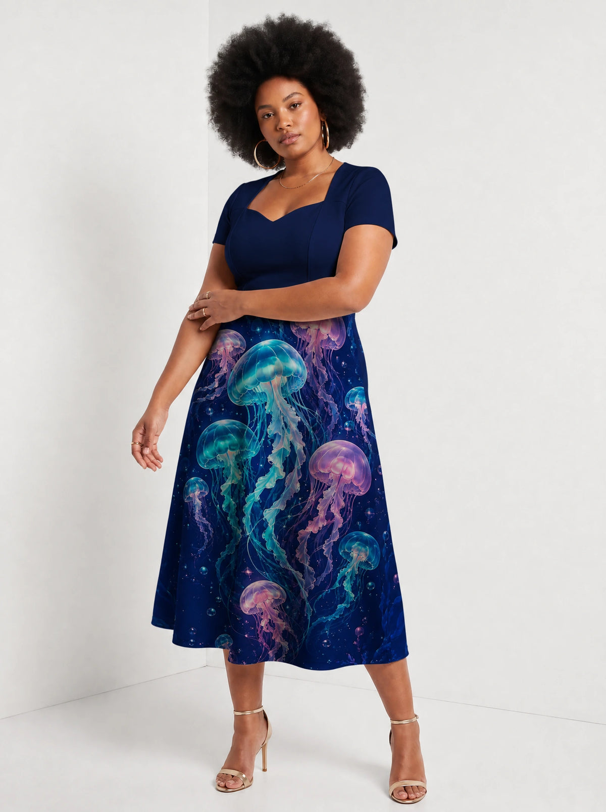 "Bahari" Sweetheart Midi Dress — three-quarter view on model