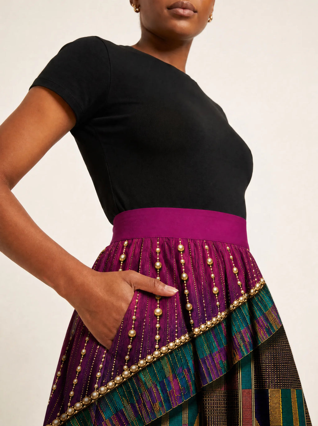 "Lulu" Twirl Skirt — waistband and pocket close-up
