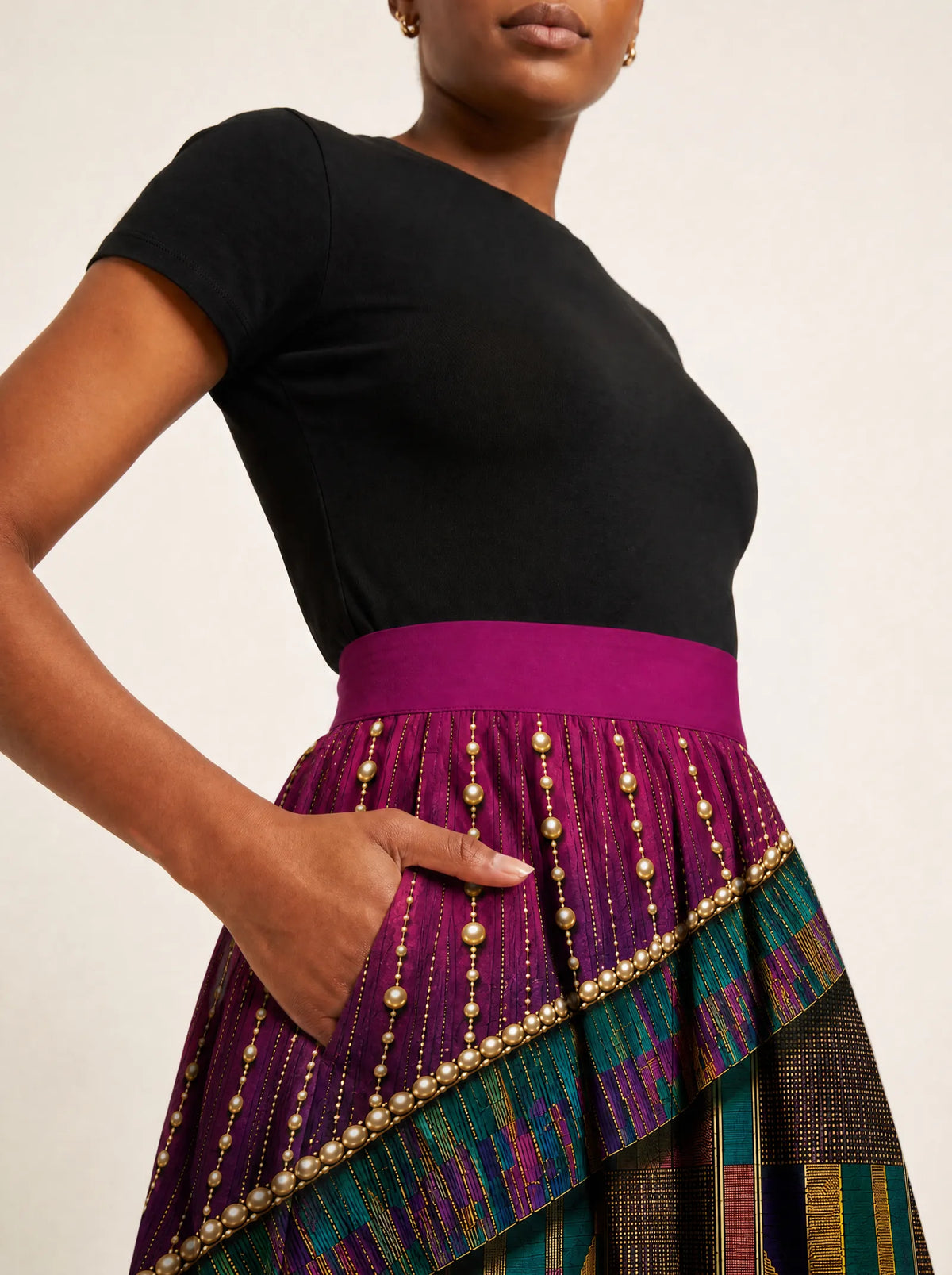 "Lulu" Twirl Skirt — waistband and pocket close-up