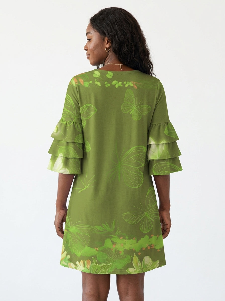 Green Orchid Stacked Ruffle Sleeve Dress