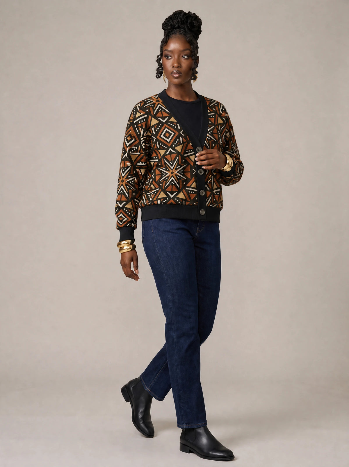 "Udongo" Cardigan — three-quarter view on model