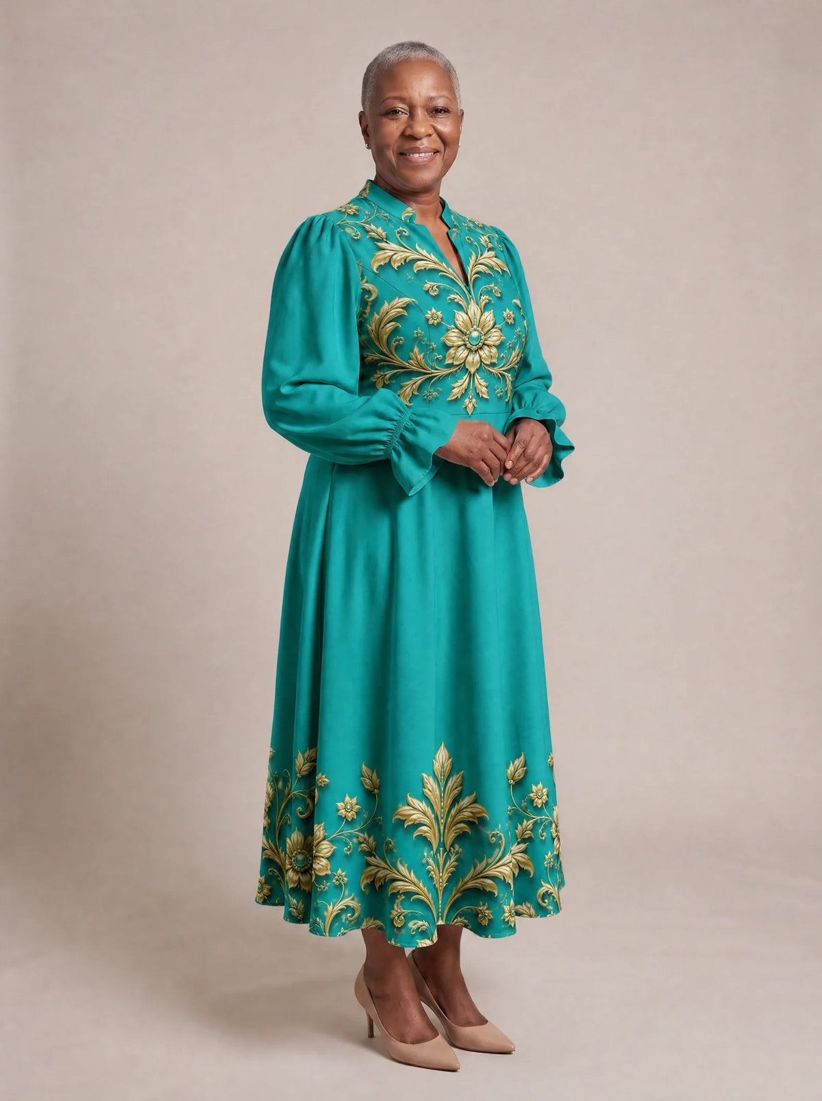 "Heshima" Long Puff Sleeve Dress Promo — walking, three-quarter view on model