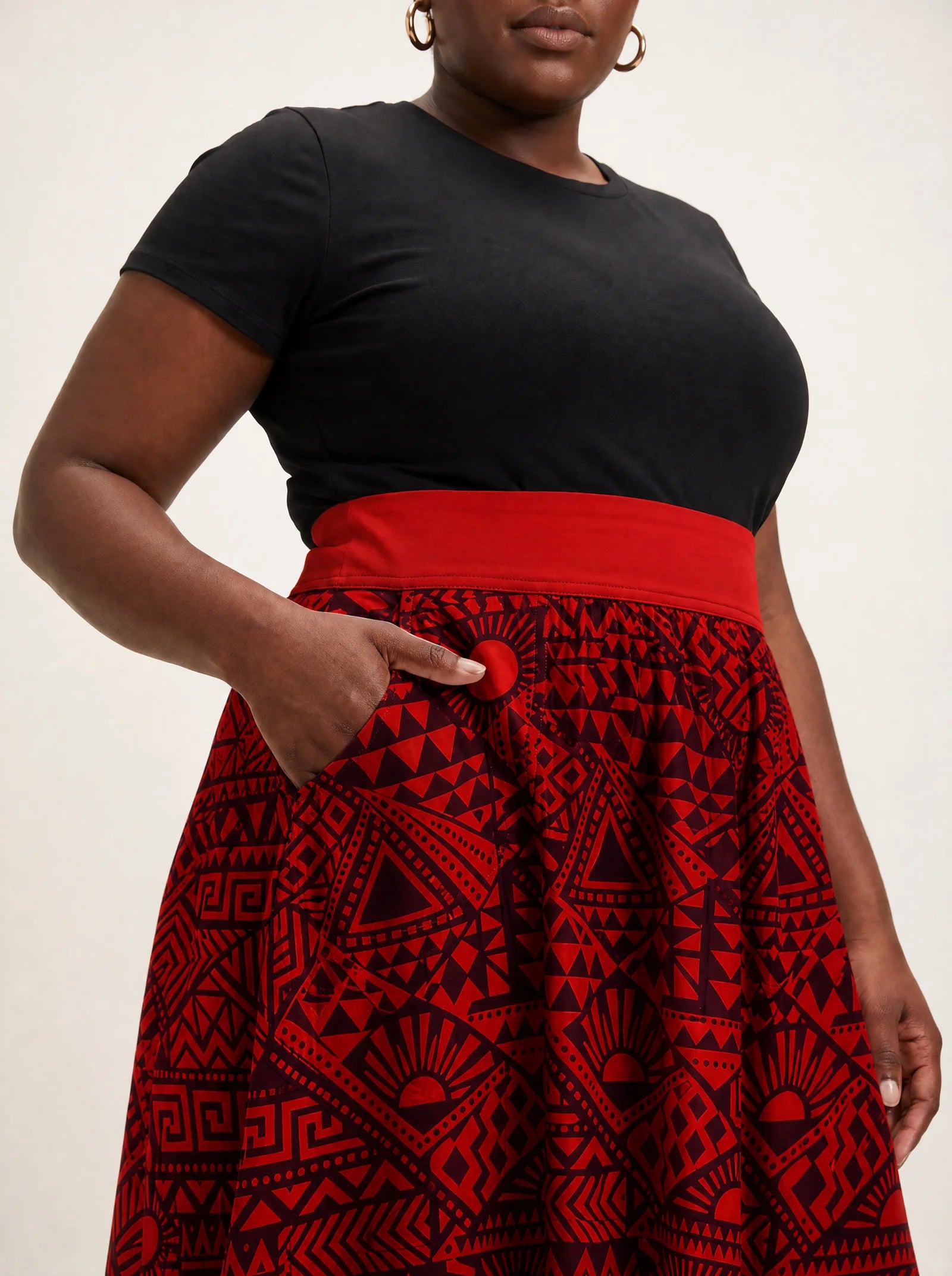 "Shaka Burgundy" Twirl Skirt — close-up of the waistband and side pocket