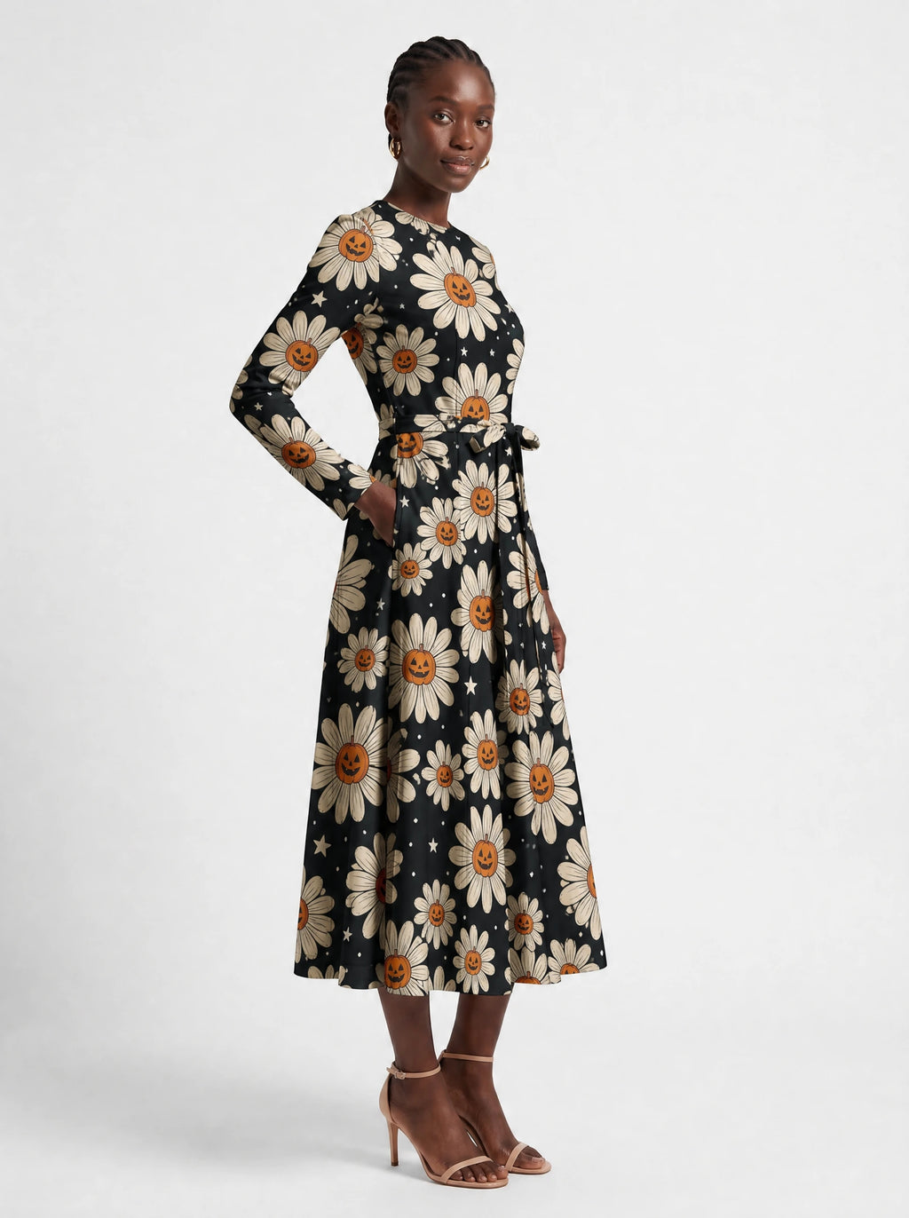 "Cheka" Halloween Long Sleeve Midaxi Dress — walking, three-quarter view on model
