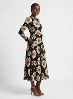 "Cheka" Halloween Long Sleeve Midaxi Dress — walking, three-quarter view on model