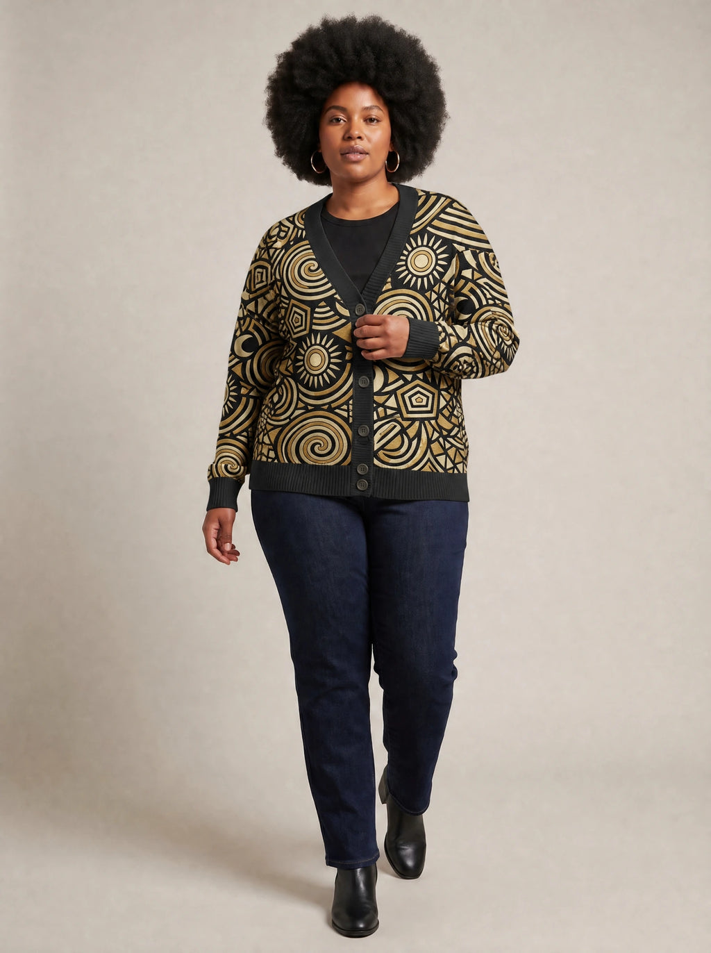 "Sahara" Cardigan — three-quarter view on model