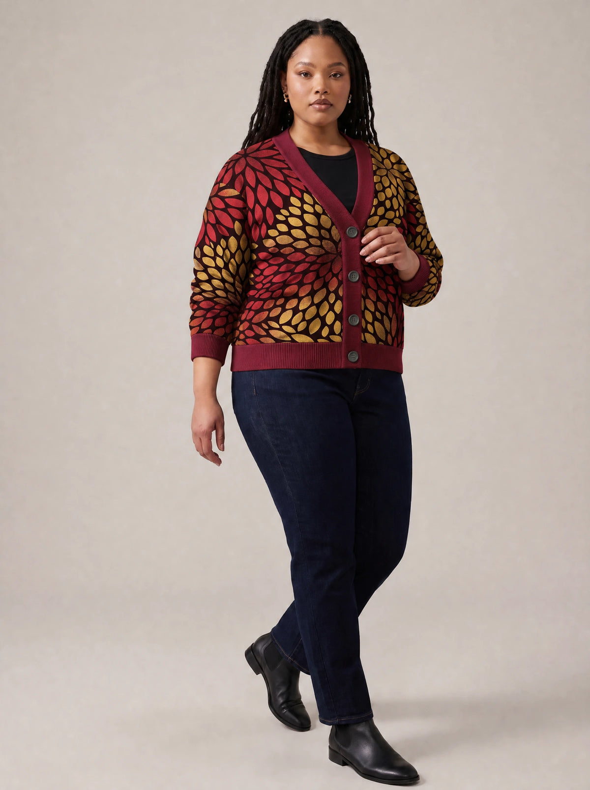 "Mavuno" Cardigan — three-quarter view on model