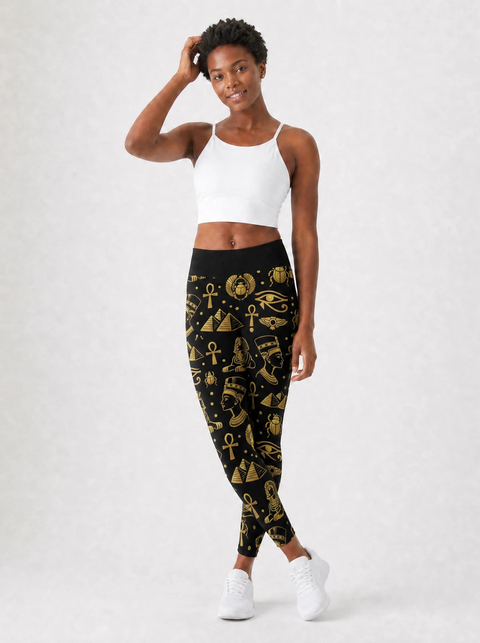 "Nefertiti" Black Gold Leggings — full body view on model