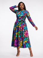 "Upinde" Viscose Midi Dress — three-quarter view on model, hand in the side pocket
