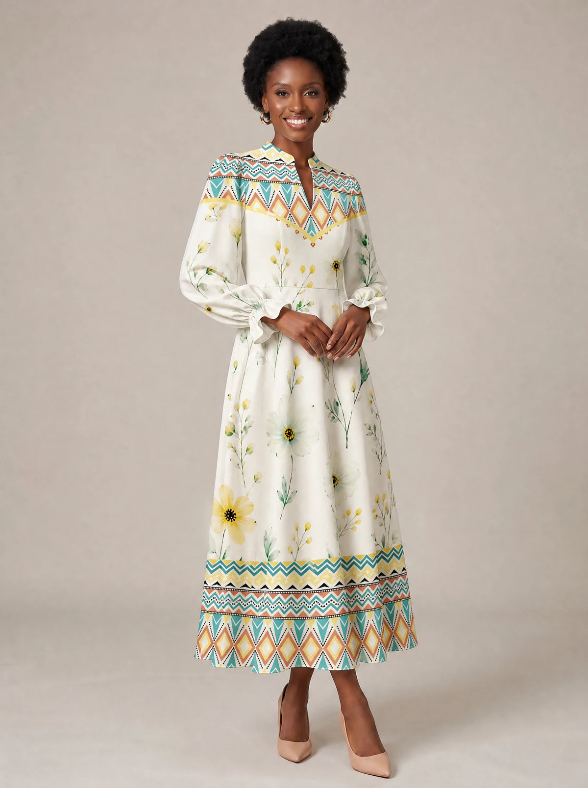 "Alizeti" Long Puff Sleeve Dress — walking, three-quarter view on model