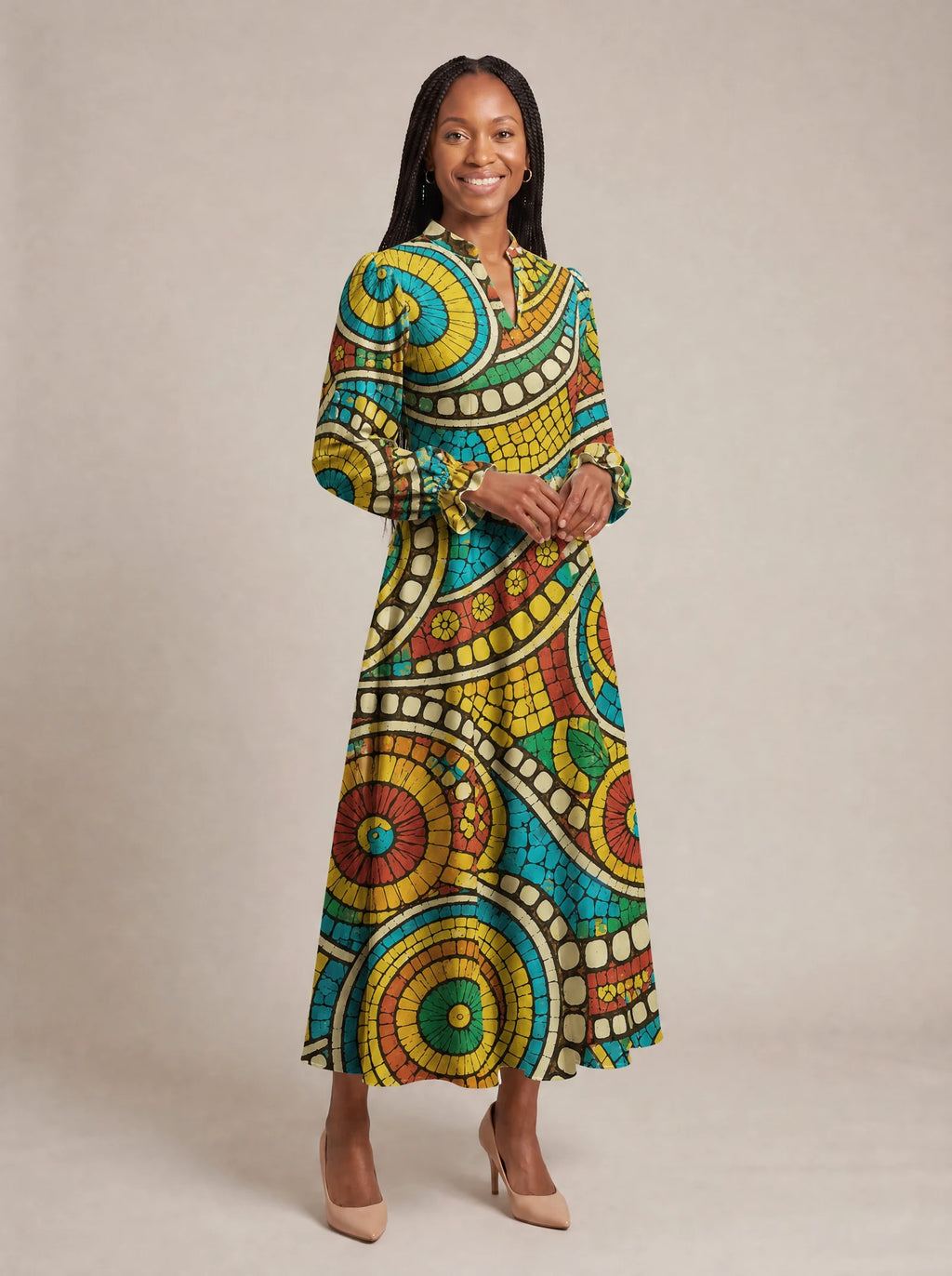 "Taji" Long Puff Sleeve Dress — walking, three-quarter view on model