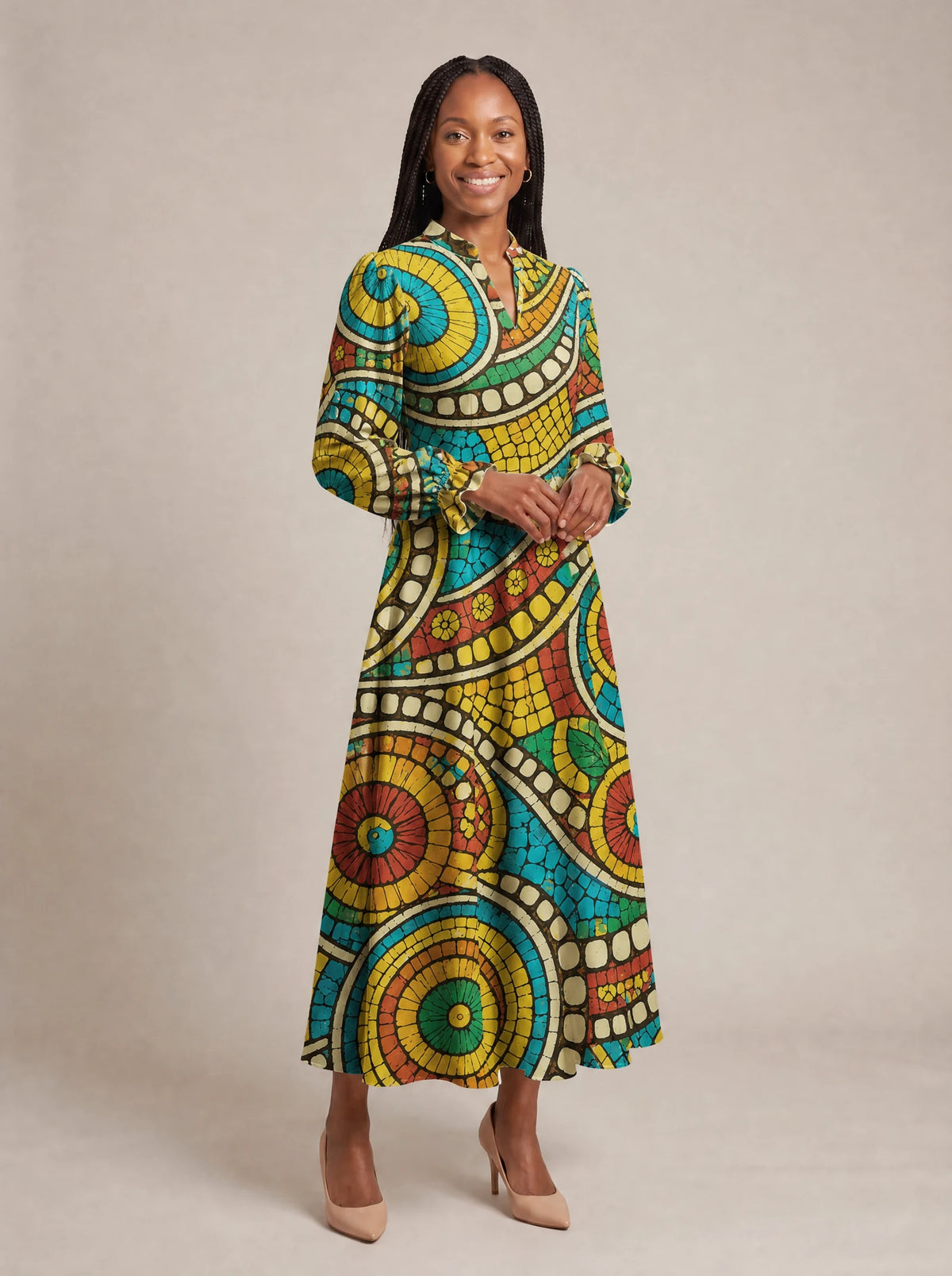 "Taji" Long Puff Sleeve Dress — walking, three-quarter view on model