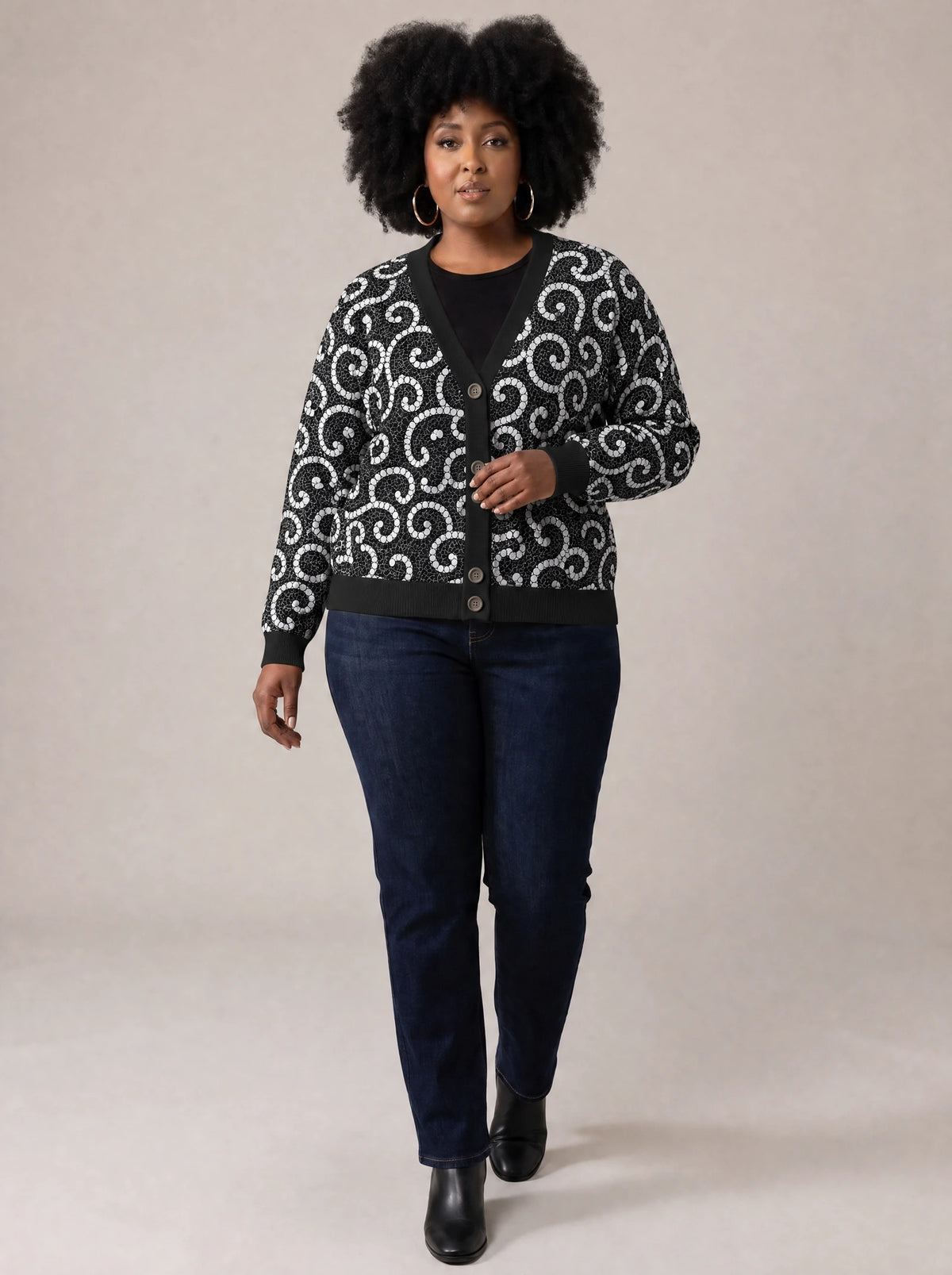 "Duara" Cardigan — three-quarter view on model