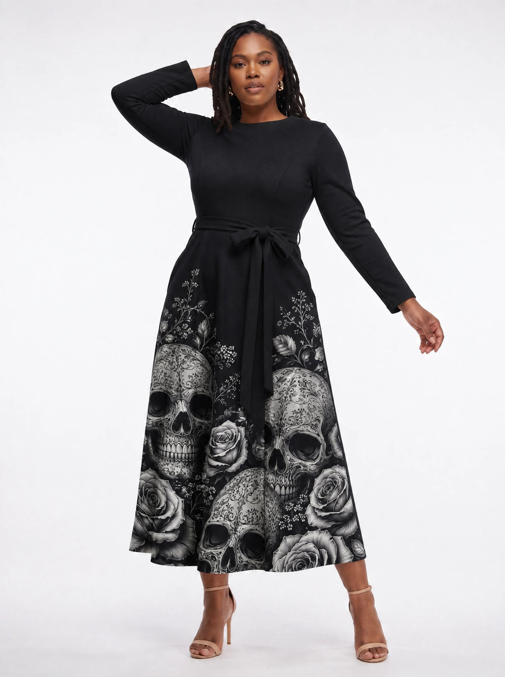 "Mizimu" Long Sleeve Midaxi Dress — walking, three-quarter view on model