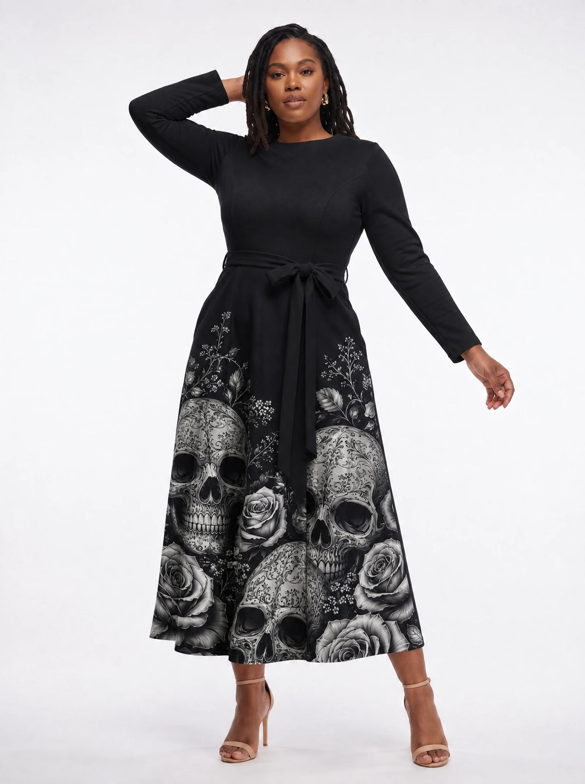 "Mizimu" Long Sleeve Midaxi Dress — walking, three-quarter view on model