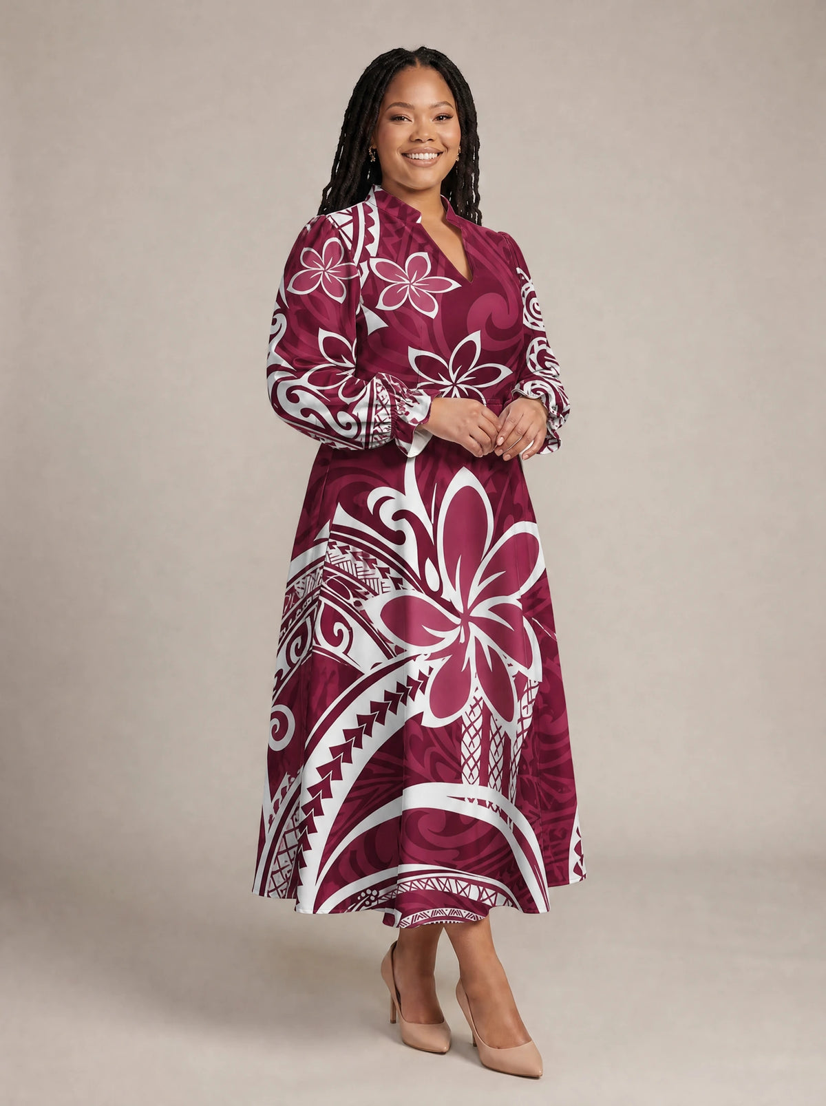 "Lehua" Long Puff Sleeve Dress — walking, three-quarter view on model