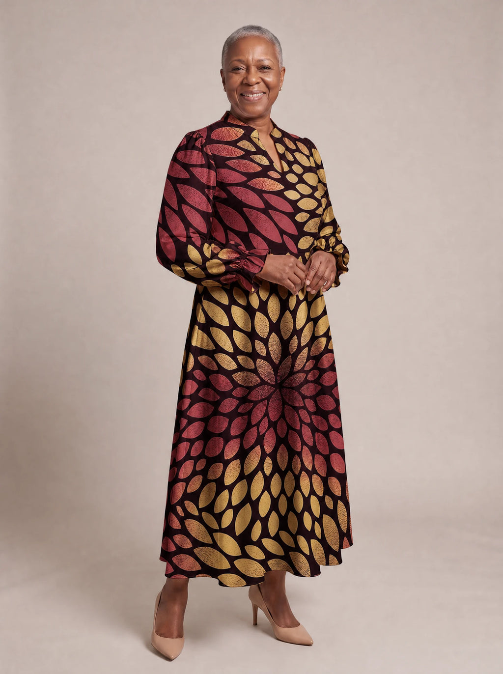 "Mavuno" Long Puff Sleeve Dress — walking, three-quarter view on model