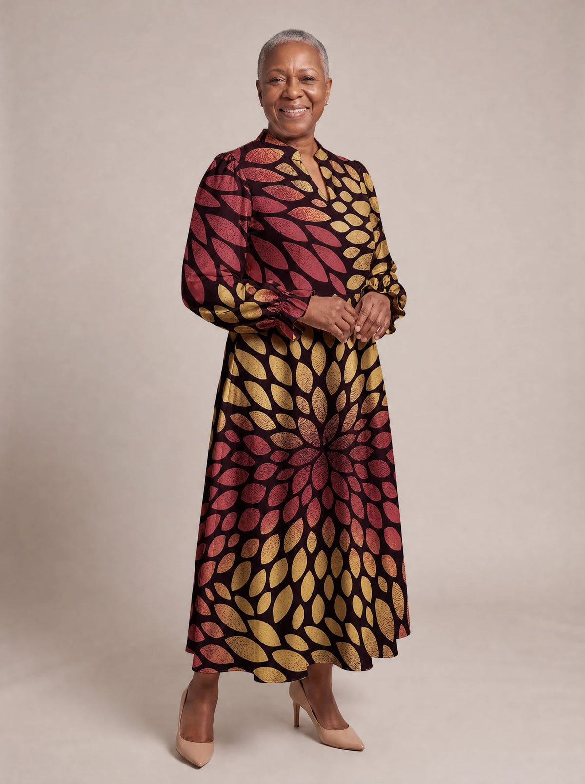 "Mavuno" Long Puff Sleeve Dress — walking, three-quarter view on model