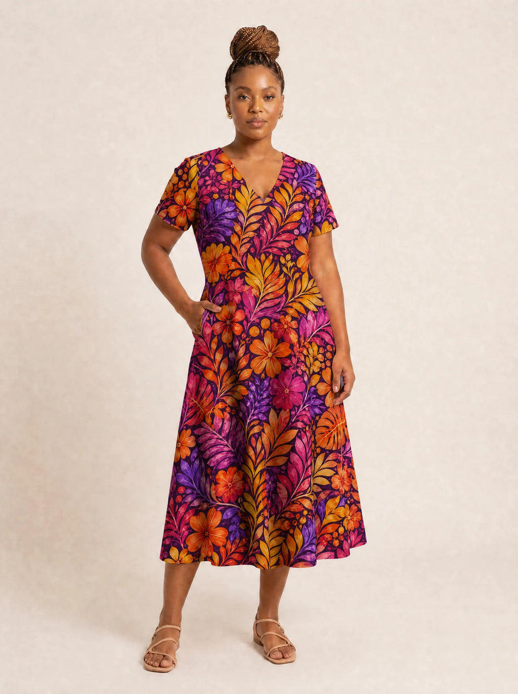 "Waridi" V Neck Midi Dress