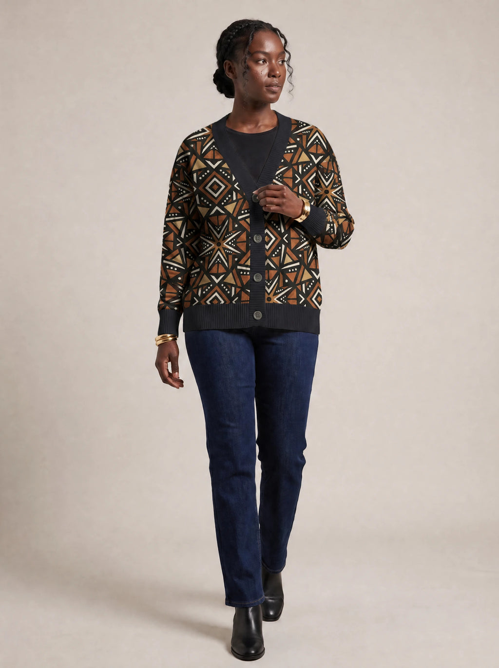 "Udongo" Cardigan — three-quarter view on model