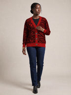 "Shaka" Burgundy Cardigan — three-quarter view on model