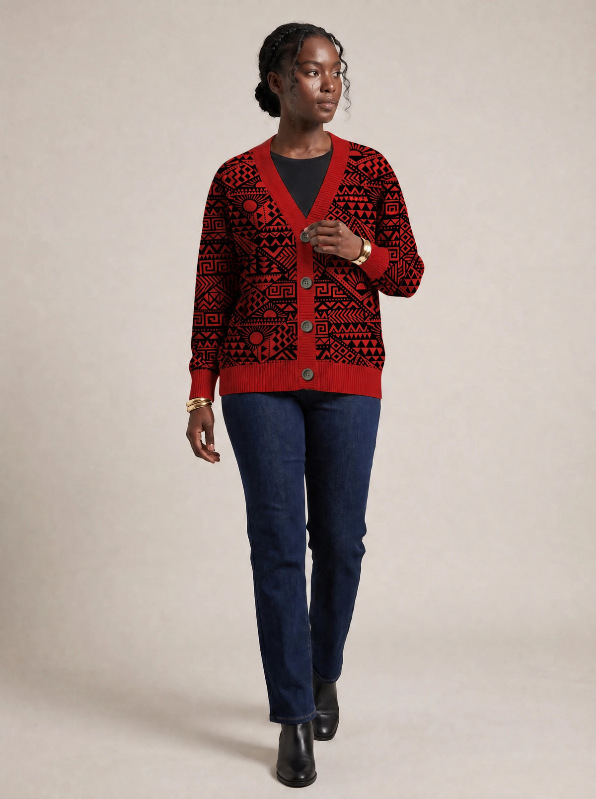 "Shaka" Burgundy Cardigan — three-quarter view on model