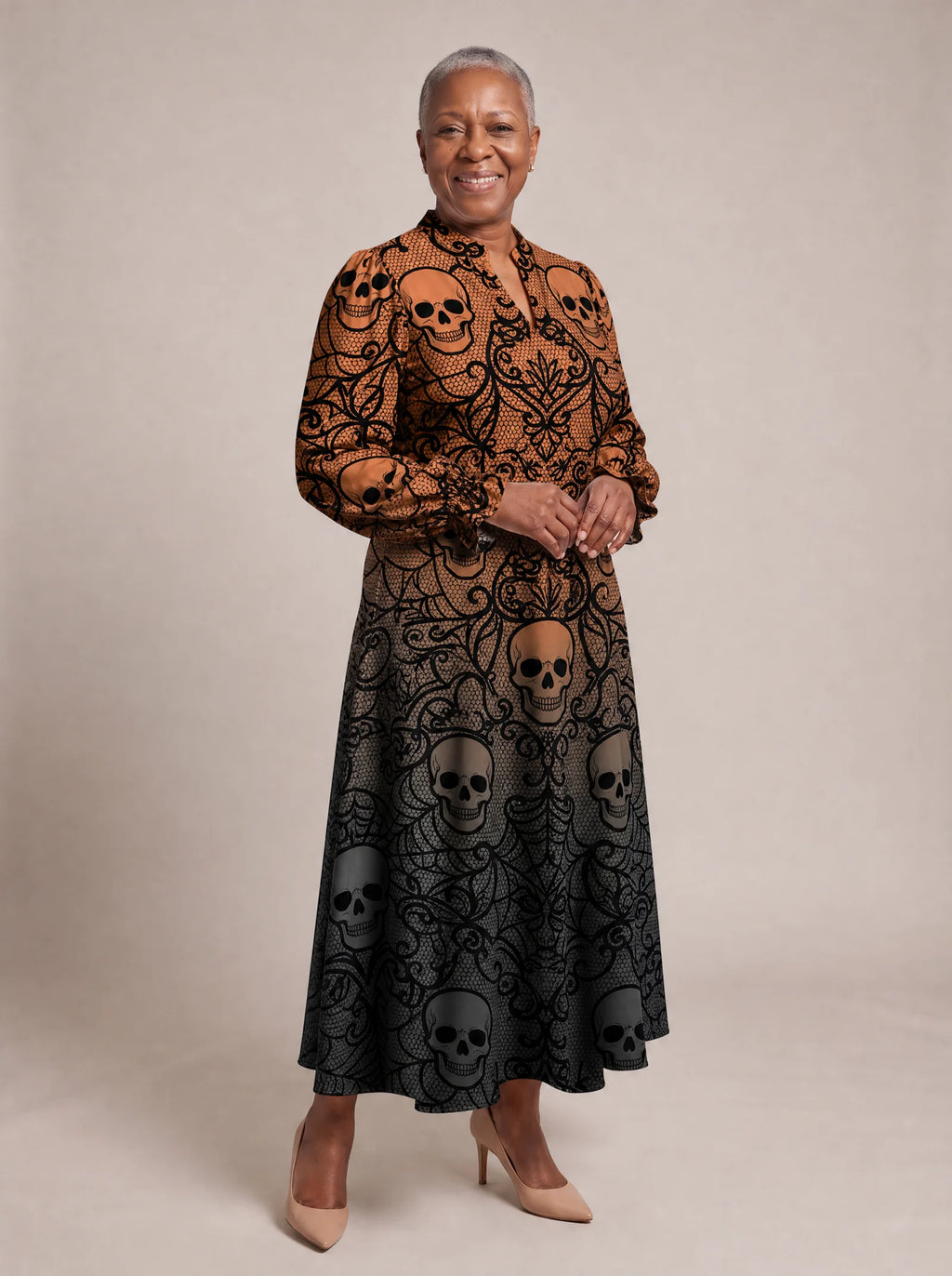 "Fuvu" Halloween Long Puff Sleeve Dress — walking, three-quarter view on model